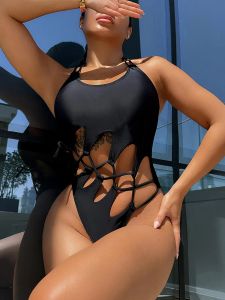 Swimwear Lace Up Sexy SweetSuit One Piece 2023 Black Women Swimwear Summer Swimming Swearwear High Cut Brazilian Bathing Full