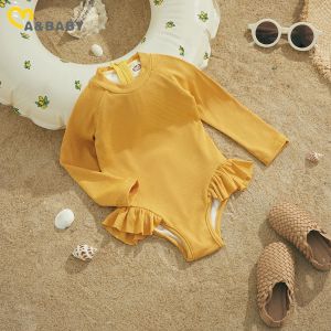 Badmode mababy 15Y peuter baby kind baby meisje badpak ruche lange mouw gebreide effen kleur badmode kinderen strandkleding badpak