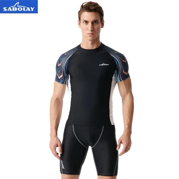 Maillots de bain hommes élastique Lycra séchage rapide maillot de bain Surf crème solaire Protection UV Rash Guard plongée serré chemise de plage et court ventes séparées