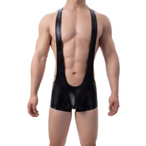 Badmode heren badpak uit één stuk mode sexy bodysuit mouwloos hoog uitgesneden wetlook kunstleer stretch turnpakje unitard badpak