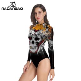 Traje de baño NADANBAO Trajes de baño de una pieza con estampado de calavera de Halloween para mujer Traje de baño ajustado sexy de manga larga para natación Ropa deportiva Traje de baño ajustado de verano