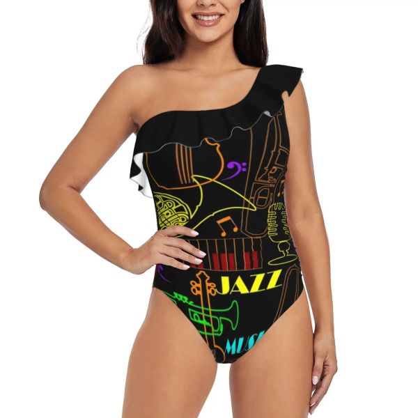 Maillots de bain Neon Jazz Fest One Piece Maillot de bain Femmes Ruffle Monokini Épaule Maillot de bain Maillot de bain Jazz Detroit Music Instruments