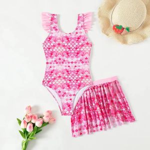 Swimwear New Girls One Piece Swimsuit With Beach Jirt Pink Sirmaid Girls Summer Simwear Kids Bathing Trots