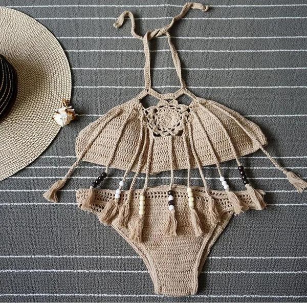 Trajes de baño New Summer Bohemian Halter Weave Crochet Tankinis Bikini Set Tasels Bikini Bikini Triángulo Traje de baño de trajes de baño