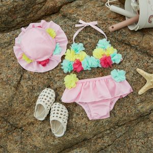 Swimwear Nieuwe zomer Kids Baby Girls Bikini Set Swimsuit Princess Infant Beachwear 3 -delige tie -up Halter Neck Ruffles Swimwear Sun Hat Set
