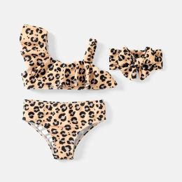 Swimwear Patpat 3pcs Toddler Girl Leopard Print Ruffled Twopiece Setwsuit Set adapté pour la saison estivale douce et confortable