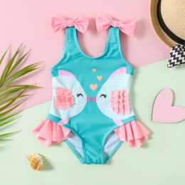 Swimwear PatPat Baby Girl Fish Print Bow Decor Ruffle Trim Onepiece Swimsuit Soft and Comfortable Perfect for Outings and Daily Wear
