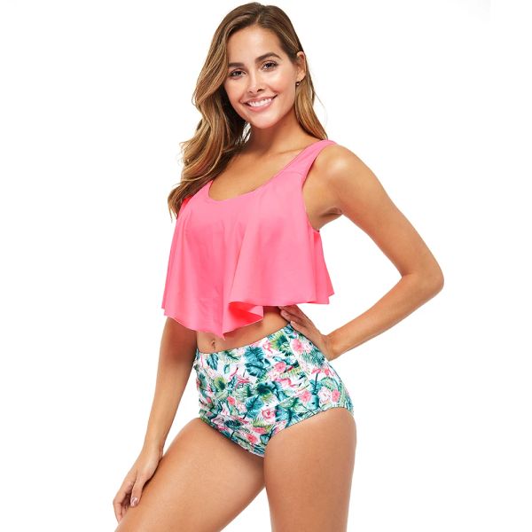 Traje de baño con volantes y hombros descubiertos, traje de baño para mujer de cintura alta, conjunto de Bikinis divididos de dos piezas, traje de baño estampado para piscina y playa, traje de baño de talla grande XXXL