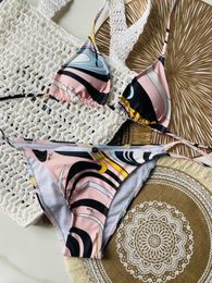 Swimwear runway verbinding push up bikini set tweedelige lijn tekening print bikini's patchwork zwempak vrouwen strand zwemmen