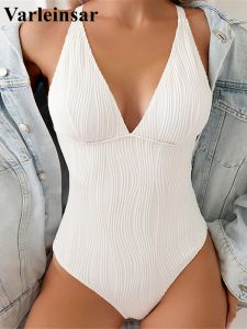 Swimwear S XL V Neck Rimple Cross Back One Piece Swimsuit Women Swimwear Vrouwelijk High been Cut Monokini Bather Bathing Suit Swim V5147