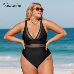 SEASELFIE grande taille maille panneau vcou une pièce maillot de bain pour femmes noir grande taille Monokini maillot de bain 2023 maillot de bain de plage