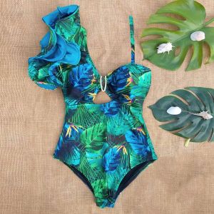 Traje de baño Sexy de un hombro con volantes de una pieza, traje de baño estampado Floral, traje de baño para mujer, traje de baño, ropa de playa Monokini