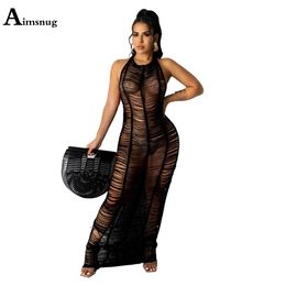 Traje de baño Mujeres sexy Cubrir hasta 2021 Vestidos de playa de verano Sin mangas Traje de baño transparente Largo Maxi Vestido de encubrimiento Túnica Robe Femme Ropa