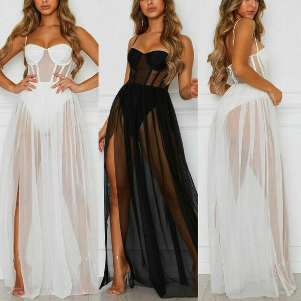 Traje de baño Sexy para mujer, vestido largo playero de malla de encaje para cubrir la playa, traje de baño largo transparente para verano, traje de baño femenino, ropa de playa