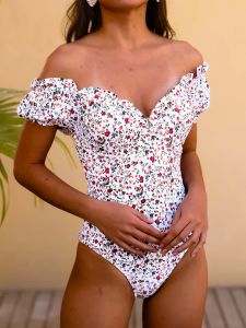 Swimwear Sexy Sexy Women's Puff Push Up Up Up Swimsuit White Floral Liberty Rucched One Piece Femme Swim Bathing Fissure 2022 Swimwwear Monokini