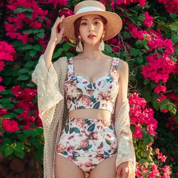 Nouveau maillot de bain de corée du sud pour femmes, filet rouge floral, petit soutien en acier frais rassemblé pour montrer un bikini fin, maillot de bain deux pièces