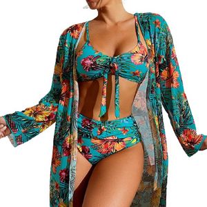 Zwemkleding, zwemkleding Zwemkleding Blouse met lange mouwen Split Drie sets print Sexy nieuwe bikini Groot blauw damesbadpak