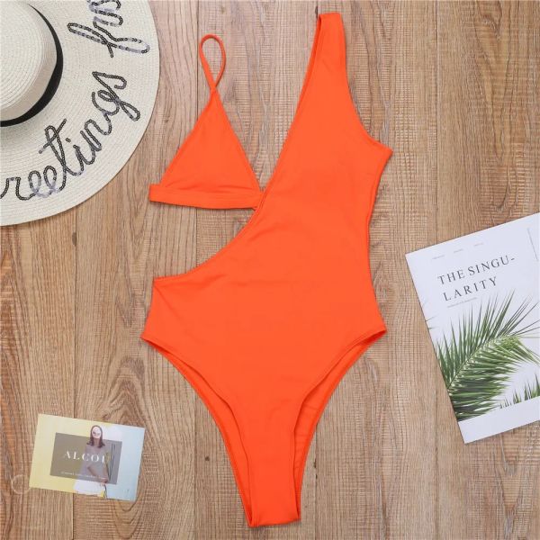 Maillots de bain Maillots de bain femmes néon Orange asymétrique Push Up rembourré une pièce maillot de bain une épaule coupe haute maillot de bain Monokini Trikini