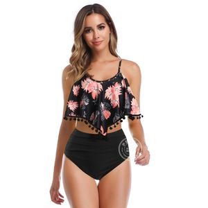 Badmode Tassel Ruffles Dames Pakken Tweedelige Sets Bladeren Poke Bloem Gedrukt Beachwear Hoge Taille Bikini Set Bottoms Push Up Tankini Zwempakken Dames