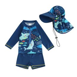 Swimwear peuter babyjongens zomer zwempak set vis afdrukken lange mouw tops elastische taille zwembroek hoed kinderen 3 stks badpak