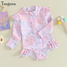 Swimwear Tregren 15y Petites filles Sweet Summer Summer Ruffle Imprime à manches longues Longweves Sweetwear Swear For Toddler Bathing Costumes