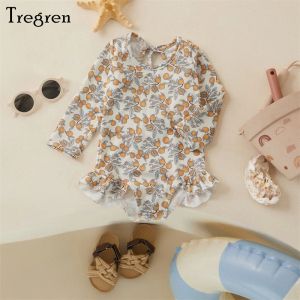 Swimwear Trigren Kids Girl Summer Swimsuit Floral Print lange mouw ruches jumpsuit zwemkleding zwembaden badkleding zwembad strandkleding strandkleding