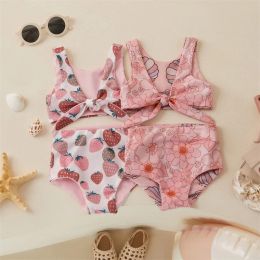 Swimwear trigren peuter babymeisjes bikini aardbei/bloemenprint zwemkleding omkeerbaar zwempak zomer badpakken stranduitslag bewakers