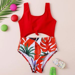 Swimwear Tropical Leaf Girl One Piece Swimsuit Kinderen uitgesneden Knoop Knoop Kinderzwemkleding 714 jaar Girl Bathing Suit Monokini Beachwear 2021