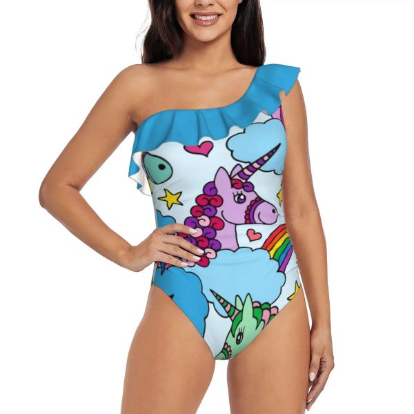 Maillots de bain Licornes et arcs-en-ciel ||Licorne magique ||Maillot de bain une pièce à volants pour enfants, asymétrique épaule dénudée, imprimé, maillot de bain femme