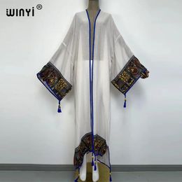 Bademode WINYI Boho-Kleidung Sexy durchsichtige bestickte lange Kimono-Stich Beachwear Damen Tops und Blusen Muslimische Abaya für den Nahen Osten