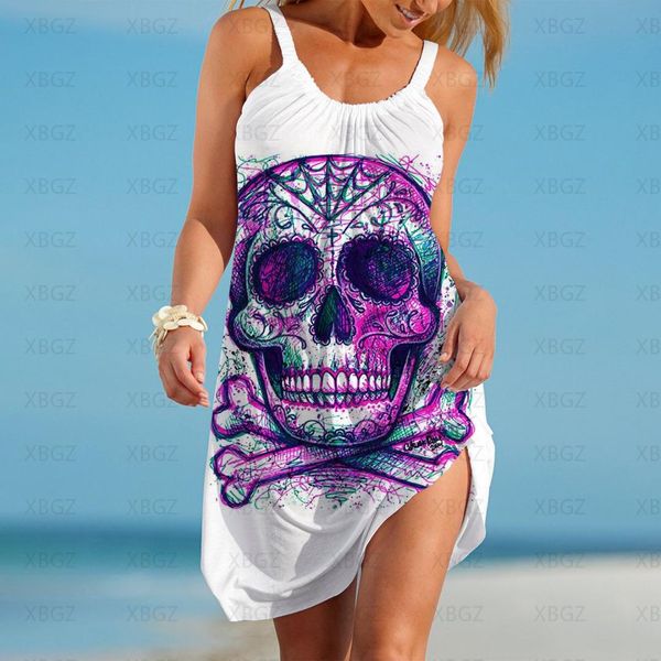 Traje de baño mujer 2022 vestidos de fiesta de moda Sexy gótico Boho ropa calavera flor mujer vestido de verano Sling playa sin mangas