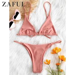 Traje de baño Mujer Cami Bralette Tanga String Bikini Set Sexy cintura baja Tie Spaghetti Straps mujer playa traje de baño Biquni 210722