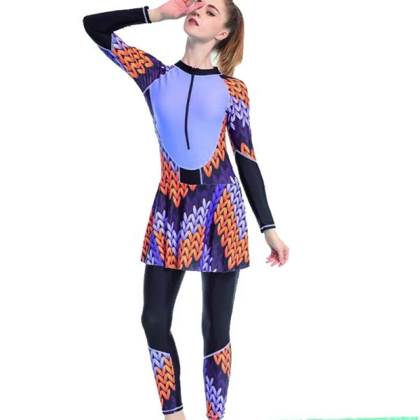 Traje de baño de una pieza de cuerpo completo para mujer, traje de baño de manga larga con cremallera frontal, traje de baño musulmán, vestido de natación Retro Vintage, traje de neopreno