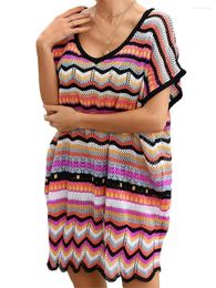 Traje de baño para mujer, traje de baño para mujer, traje de baño cubierta de manga corta con cuello en V, vestido de punto suelto con estampado de rayas coloridas, ropa de playa