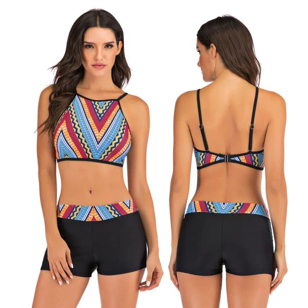 Traje de baño para mujer, traje de baño con cuello alto y cuello alto, conjunto de Bikini corto, traje de baño de dos piezas, Tankini estampado