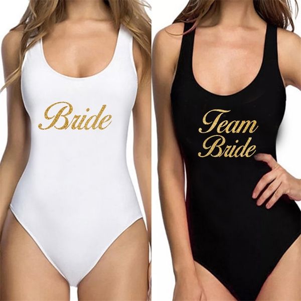 Maillots de bain femmes maillot de bain équipe mariée paillettes or imprimé maillot de bain monokini body enterrement de vie de garçon 210712