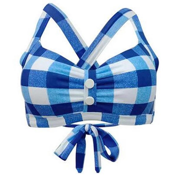 Traje de baño de mujer Vintage azul a cuadros Halter Bikini traje de baño talla grande correas cruzadas traje de baño doble capa superior inferior traje de baño al por mayor