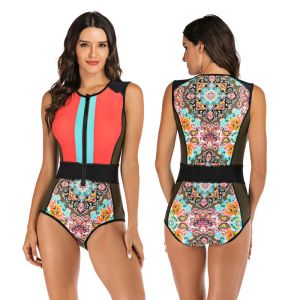 Maillots De Bain Femmes Sans Manches Une Pièce Fermeture Éclair Avant Rash Guard Pads Maillot De Bain Protection Solaire Imprimé Floral Ventre Contrôle Maillots De Bain Monokini