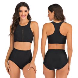 Maillots de bain femmes fermeture éclair avant coupe haute taille haute ensemble de bikini dos nageur Sport deux pièces maillots de bain maillot de bain ventre contrôle maillots de bain