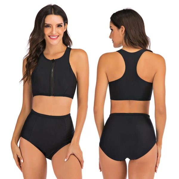 Traje de baño para mujer con cremallera frontal de corte alto, conjunto de bikini de cintura alta, espalda cruzada, trajes de baño deportivos de dos piezas, traje de baño con control de barriga