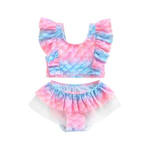 Badmode Yiiciovy 16T kleine kinderen meisjes bikini set ijsprint / zeemeermin badpak mouwloos rugloze print gegolfde tweedelige bikini