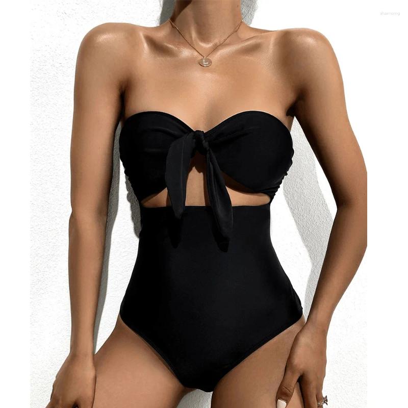 Swimwears 2023 Sexy Black One Piece Swimsuit Women Swimwear Hollow Bathingsuit Slimming Bandeau Halter Bandage Bosysuits Summer Beach Wear