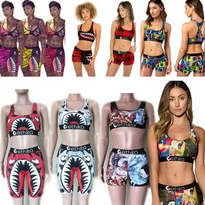 Trajes de baño Traje de baño Traje de baño para mujer Atar sujetador + Pantalones cortos Pantalones de media longitud Chándal de 2 piezas Patchwork Shark Camo Conjunto de bikini a rayas E22908