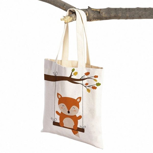 Columpio Lindo Animal Búho Ciervo Zorro Oso Squirre Shopper Bag Casual Mujeres Tienda Bolsas Doble Impresión Tote Girl Lienzo Bolso de viaje A0Ez #