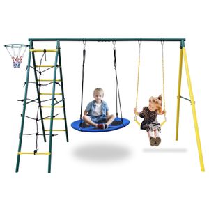 Swing Set para niños Swing del patio trasero al aire libre con escalera y aro de baloncesto