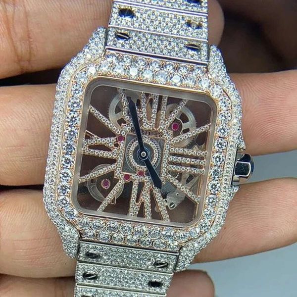 Movimiento automático suizo Eta, reloj de diamantes de moissanita de oro rosa con hielo completo, joyería personalizada de Hip Hop