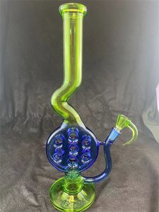 bong vert et bleu fluorescent suisse 2 percs en ligne Smoking Pipes 16inch 14mm nouveau design personnalisé ajouter un bol en corne en cadeau