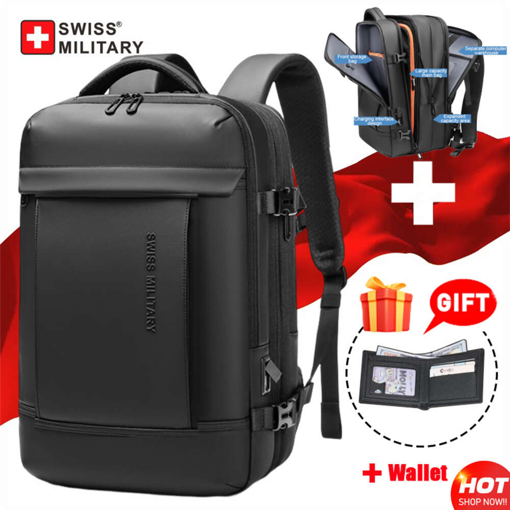 SWISS MILITARY New Travel Men Business School Expandable USB Bag Large Capacity 17 Laptop Waterproof Backpack