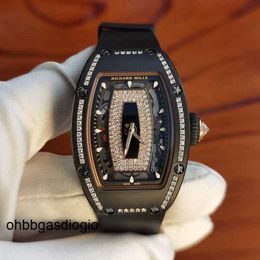 Zwitsers horloge Richamills Womens kijkt Milles RM polshorloge uitgehold wijzerplaat met diamant ingelegde zwarte lippen dames automatische mechanische schakelaar ventilatorklok rr