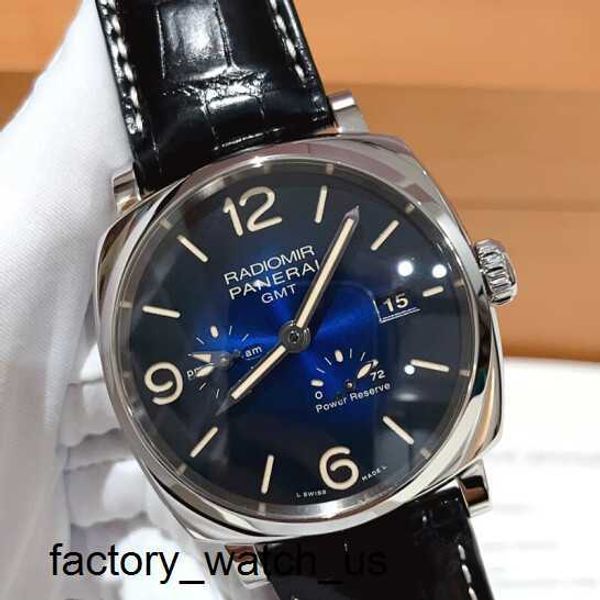 Swiss Wrist Watch Panerai Radiomir Series Mecánica Mecánica Menora de hombres Smoky Disco Blue Disk Reserve de la zona horaria dual Fecha de fecha 45 mm Pam00946